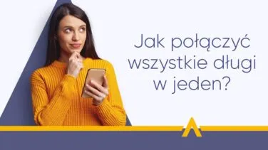 Zamyślona kobieta w pomarańczowym swetrze spoglądająca w bok, obok pytania "Jak połączyć wszystkie długi w jeden?"